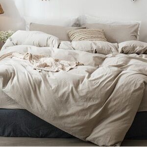 MooMee Bedding Duvet Cover ONLY. 100% Washed Cotton - Tannish Linen Grey, Queen